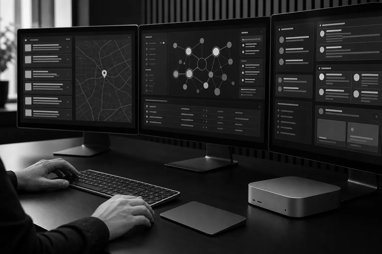 Monitores exibindo pesquisa local, relações de entidade e resultados de busca abstratos